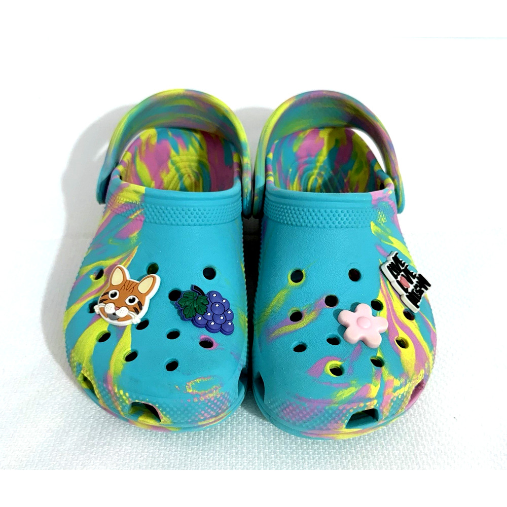 Crocs Classic Marbled Tie Dye Girls J1 Digital Aqua Multi Breathable Lightweight - Picture 2 of 9